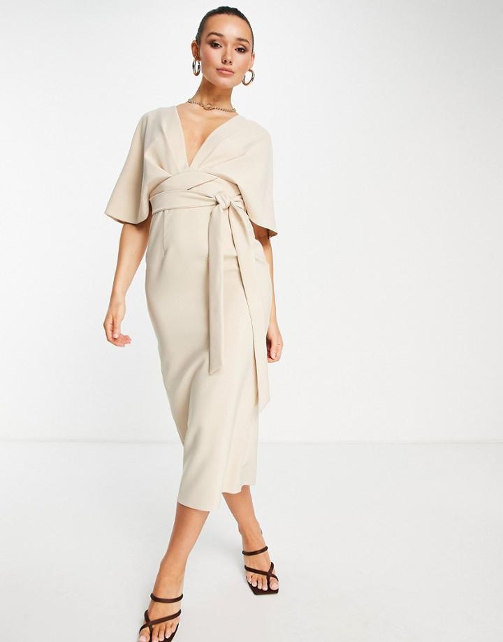 Asos Design Pleat Front Tie Side Midi Dress In Stone-neutral