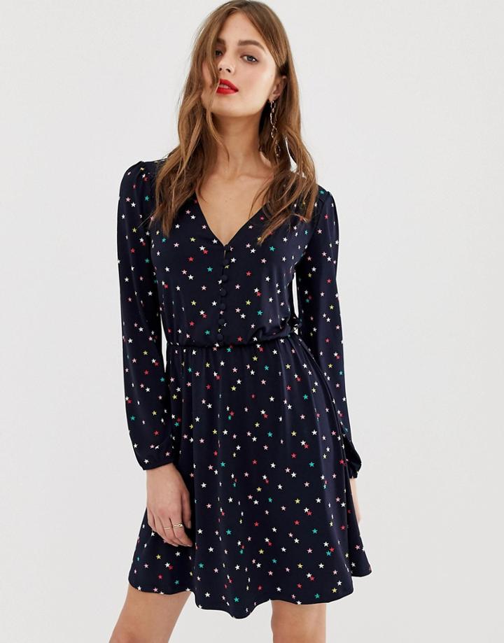 Oasis Skater Dress With Button Front In Star Print - Multi