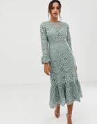 Asos Design Premium Broderie Maxi Dress With Pep Hem And Fluted Sleeves-green