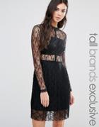 Fashion Union Tall All Over Lace Long Sleeve Skater Dress - Black