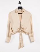 River Island Satin Tie Front Shirt In Stone-neutral