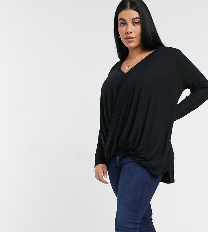 Vero Moda Curve Wrap T-shirt With Lace Trim Detail In Black