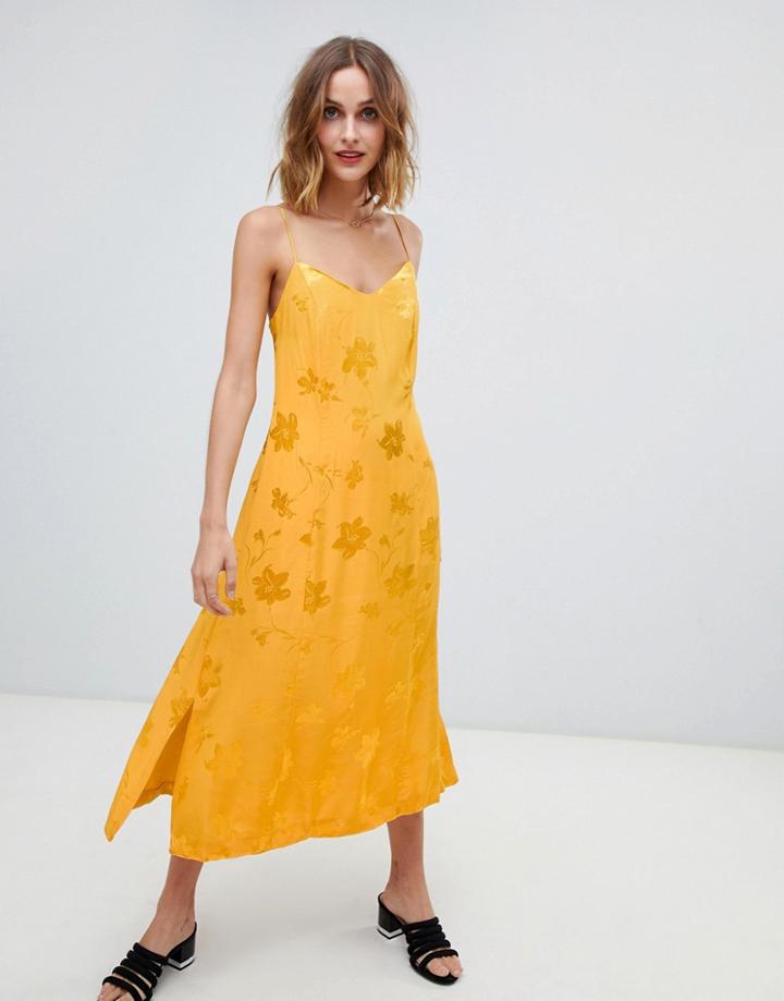 Warehouse Strappy Midi Dress In Yellow Jacquard - Yellow