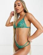 Luxe Palm Strappy Halterneck Bikini Top In Green Leopard Print