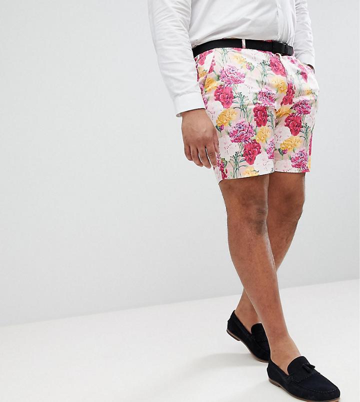 Asos Plus Wedding Skinny Smart Shorts In Pink Floral Print - Pink