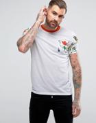 Asos T-shirt With Floral Print Sleeves And Pocket - White