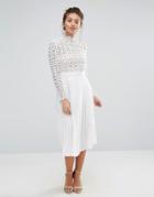 Little Mistress Premium Lace Pleated Midi Dress-white