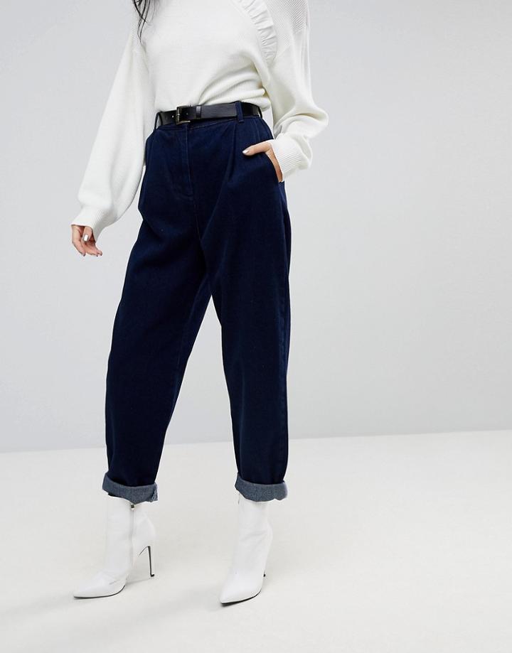 Asos Tapered Jeans With Curved Seams And Belt In Indigo Wash - Blue