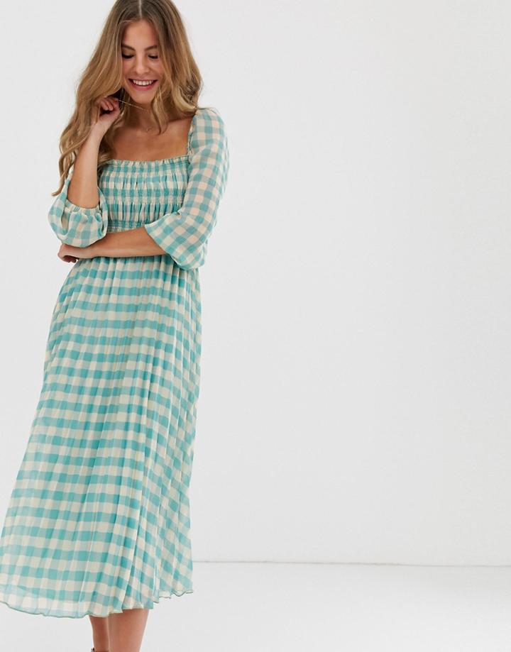 Asos Design Shirred Pleated Midi Dress In Gingham Print-multi