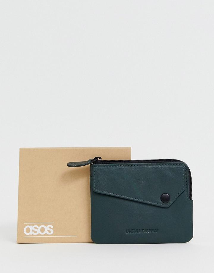 Asos Design Leather Wallet With Zip Around In Green - Green