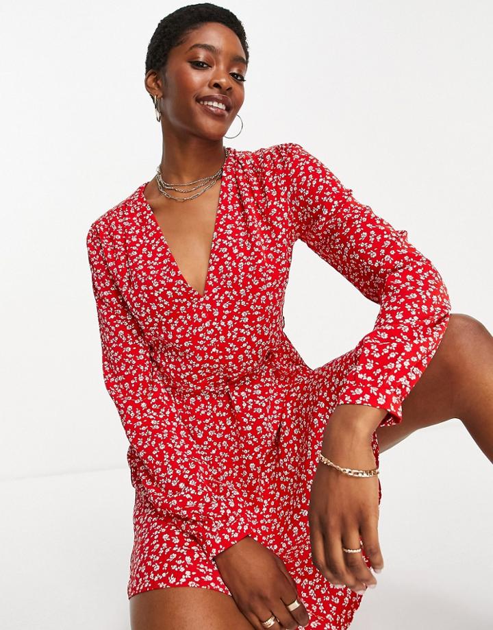 Glamorous Tie Waist Swing Dress In Red Ditsy Floral