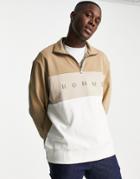 Selected Homme Organic Cotton Blend Oversized Color Block 1/4 Zip Sweatshirt In Beige-neutral