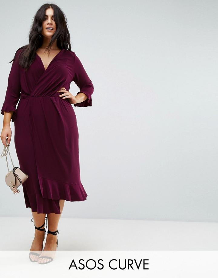 Asos Curve Wrap Front Midi Dress With Frill Detail - Purple
