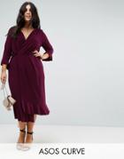 Asos Curve Wrap Front Midi Dress With Frill Detail - Purple