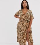 Asos Design Curve Pleated Skirt Midi Dress With Button Detail In Animal Print - Multi
