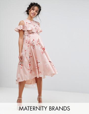 Hope & Ivy Maternity Printed Cold Shoulder Midi Dress With Hi Lo Hem - Multi