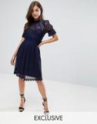 Tfnc High Neck Pleated Lace Midi Dress With Smoked Waist - Navy