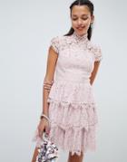 Chi Chi London Tiered Lace High Neck Skater Dress - Pink