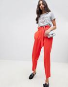 Miss Selfridge Tapered Pants With Paperbag Waist In Red - Red