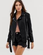 New Look Oversized Leather Look Biker Jacket In Black