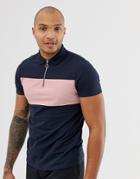 Asos Design Pique Polo Shirt With Zip Neck And Contrast Panel In Navy