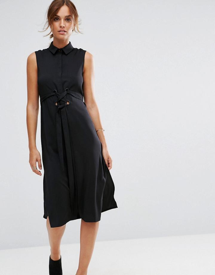 Asos Sleeveless Collar Midi Dress With Eyelet Detail - Black