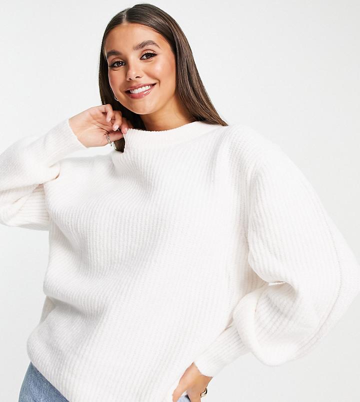 Asos Design Tall Crew Neck Sweater In Rib With Fluffy Yarn In Cream-white