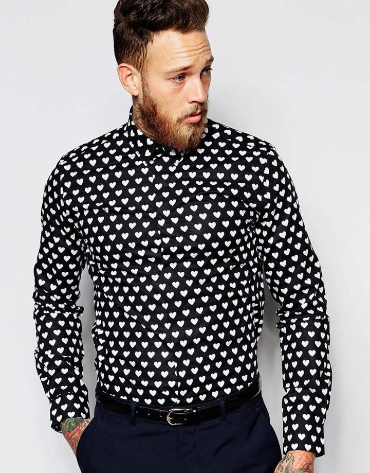 Noose & Monkey Shirt With All Over Heart Print - Black