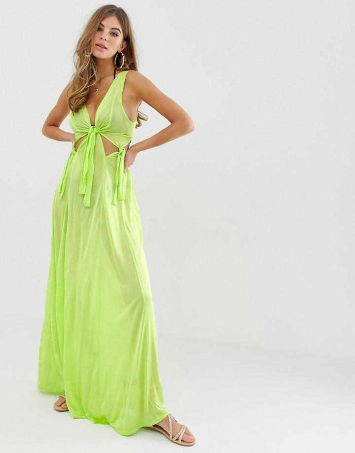 Asos Design Neon Green Slinky Beach Maxi Dress With Knotted Waist - Green