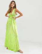 Asos Design Neon Green Slinky Beach Maxi Dress With Knotted Waist - Green