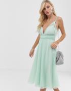 Asos Design Twist Strap Plunge Tulle Midi Dress-green