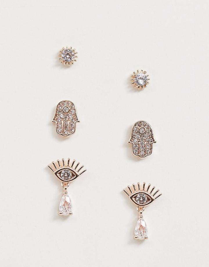 Asos Design Pack Of 3 Earrings With Cubic Zirconia Hamsa And Eye Studs In Rose Gold Tone - Copper