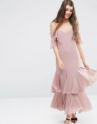 Asos Premium Maxi Dress With Frill Hem And Cold Shoulder - Multi