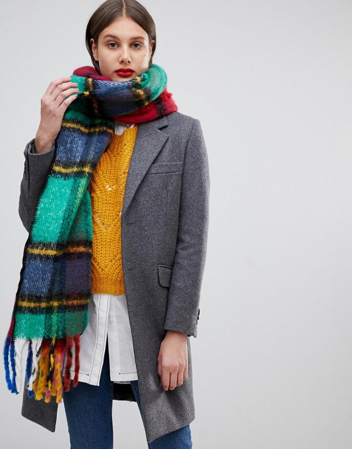 Asos Design Woven Fluffy Block Check Scarf With Tassels - Multi