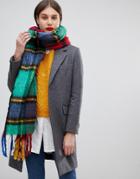 Asos Design Woven Fluffy Block Check Scarf With Tassels - Multi