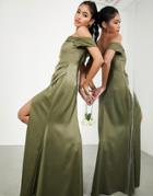 Asos Edition Satin Bardot Drape Wrap Maxi Dress In Olive-green