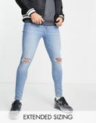 Asos Design Spray-on Jeans In Power Stretch In Light Wash Blue With Knee Rips