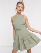 Asos Design Cotton Mini Dress With Pep Hem And Belt In Khaki-green