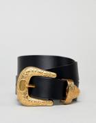 Asos Design Leather Western Tipped Waist And Hip Belt In Old Gold - Black