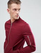 Asos Design Muscle Fit Bomber Jacket With Sleeve Zip In Burgundy - Red