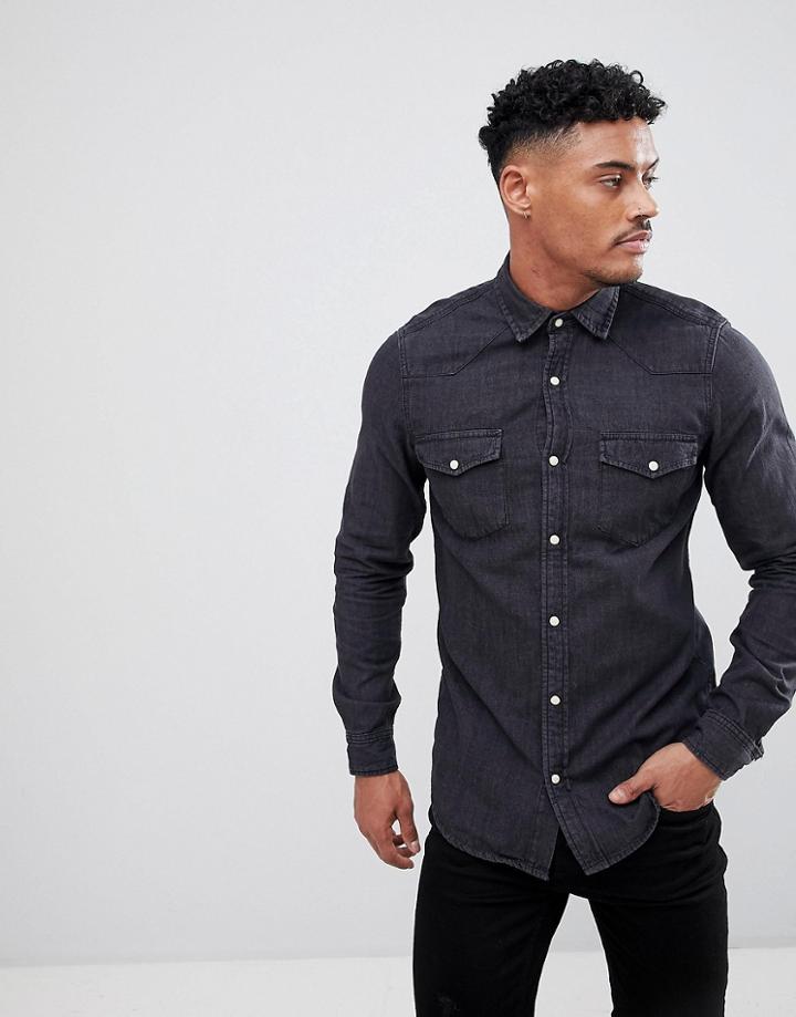 Pull & Bear Denim Cowboy Style Shirt In Black - Black