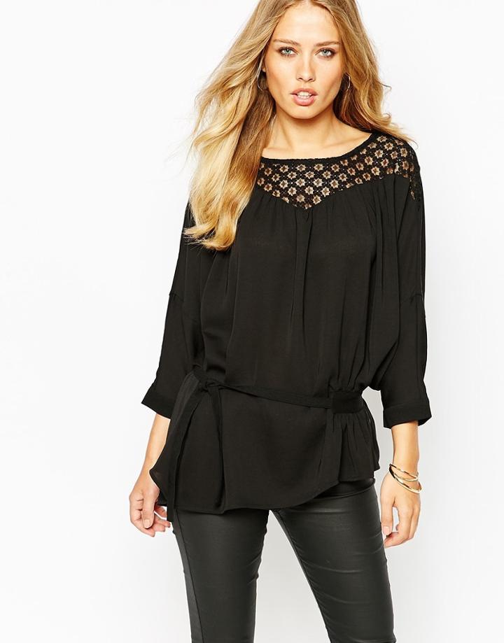 Y.a.s Annabelle Tie Tunic Top With Lace - Black