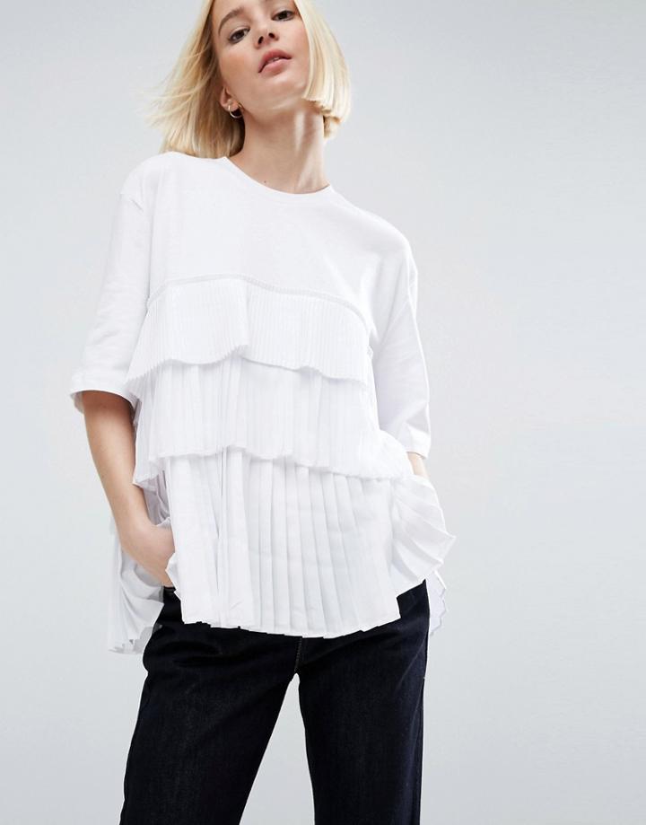 Asos White Satin And Tulle Pleat Contrast T-shirt - Multi