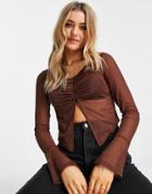 Topshop Ruched Front Button Mesh Top In Chocolate-brown