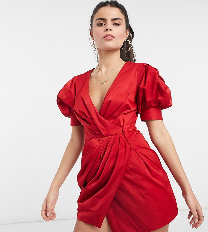 Asos Design Petite Structured Drape Wrap Mini Dress With Puff Sleeve Detail