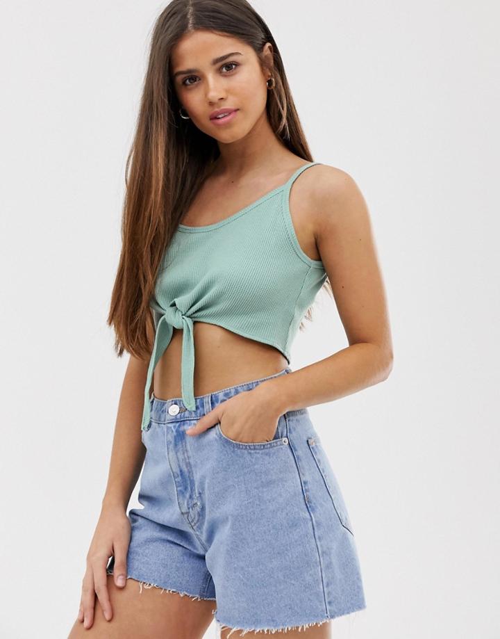 Asos Design Crop Cami In Waffle With Tie - Green