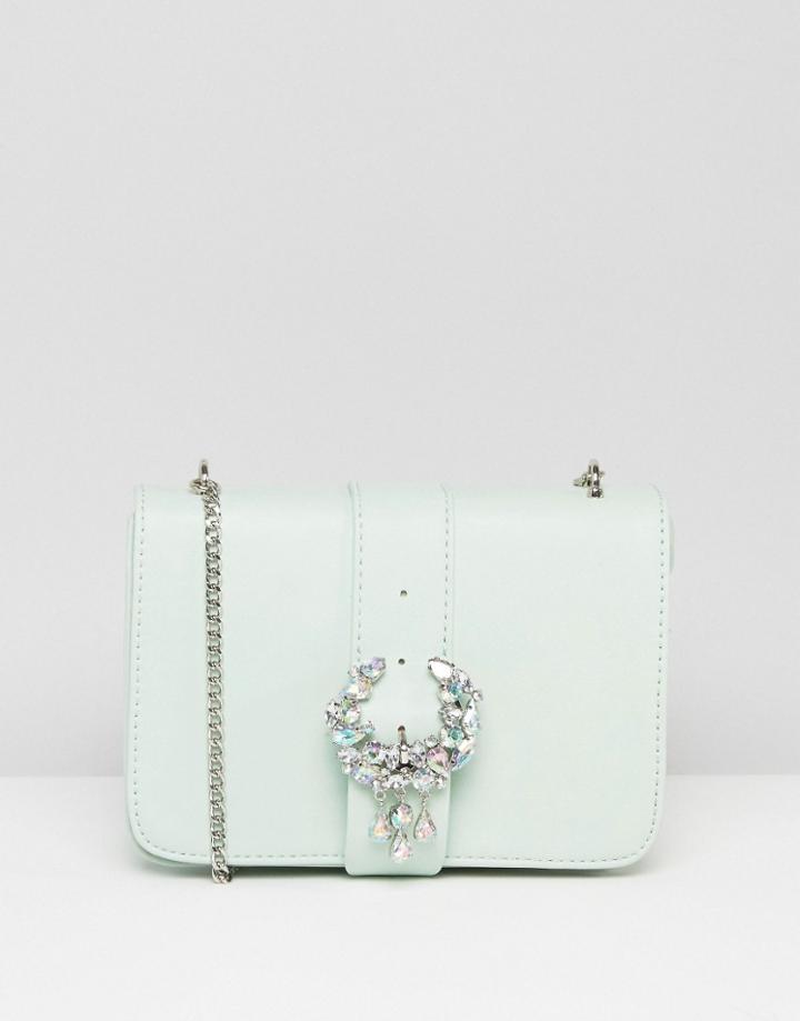 Asos Embellished Encrusted Cross Body Bag With Buckle - Green