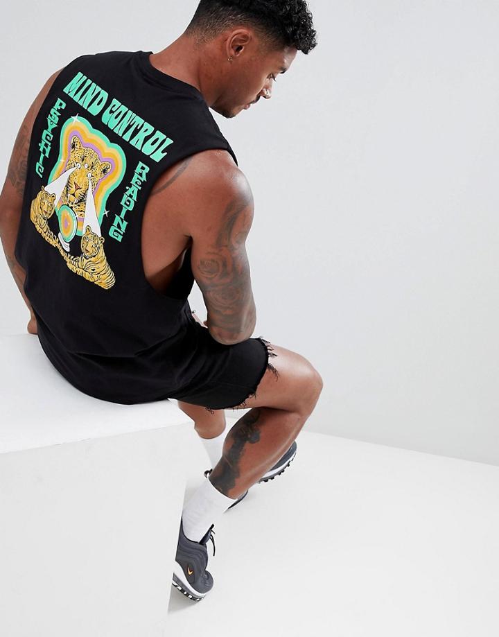 Asos Design Sleeveless T-shirt With Dropped Armhole With Mystic Tiger Back Print - Black