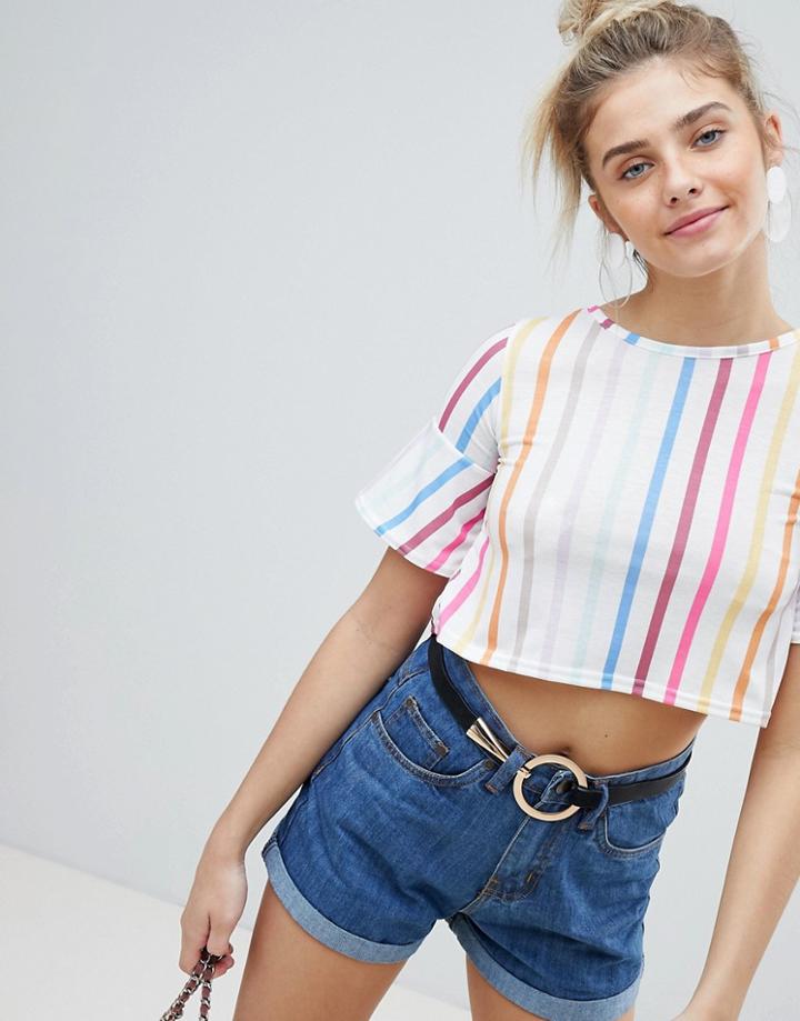 Prettylittlething Rainbow Stripe Crop T-shirt - Multi