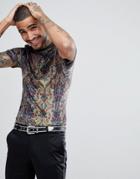 Asos Longline Muscle T-shirt In Velour With Tapestry Print - Green